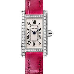 Cartier Tank Americaine Watch – 27 mm White Gold Diamond Case – Diamond Bezel – Diamond Dial – Pink Strap – WB710015