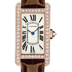 Cartier Tank Americaine Watch – 34.8 mm Pink Gold Diamond Case – Brown Alligator Strap – WJTA0002