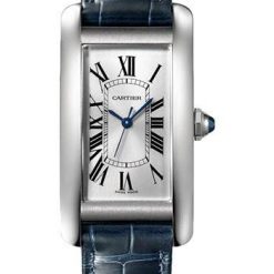 Cartier Tank Americaine Watch – 41.60 mm x 22.60 mm Steel Case – Silver Dial – Navy Blue Leather Strap – WSTA0044