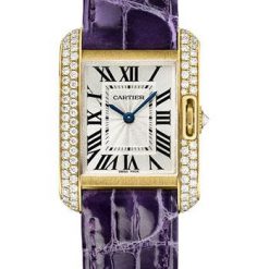 Cartier Tank Anglaise Watch – 30.2 mm Yellow Gold Diamond Case – Silvered Dial – Aubergine Alligator Strap – WT100014
