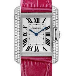 Cartier Tank Anglaise Watch – 34.7 mm White Gold Rodium Diamond Case – Silvered Flinque Dial – Fuchsia Pink Alligator Strap – WT100030