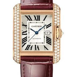 Cartier Tank Anglaise Watch – 39.2 mm Pink Gold Case – Diamond Bezel – Claret Red Alligator Strap – WT100016