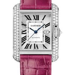 Cartier Tank Anglaise Watch – 39.2 mm White Gold Diamond Case – Silvered Dial – Fuschia Alligator Strap – WT100018