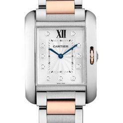 Cartier Tank Anglaise Watch – Medium Steel Case – Silvered Diamond Dial – Pink Gold And Steel Bracelet – WT100032