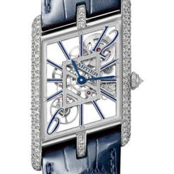 Cartier Tank Asymetrique Watch – 47.15 mm x 26.20 mm Platinum Diamond Case – Skeleton Dial – Navy Blue And Black Alligator Straps Limited Edition of 100 – HPI01370