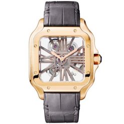 Santos de Cartier Large 18ct Rose Gold Skeleton Dial Strap Watch